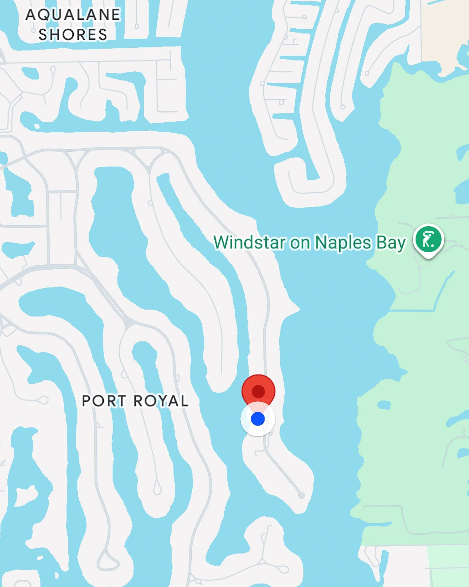 Google Maps view of Port Royal Naples FL showing Aqualane Shores in the upper left, Port Royal neighborhood through the center, and Windstar on Naples Bay across the water — luxury waterfront estate communities served by Glass Restoration Inc.