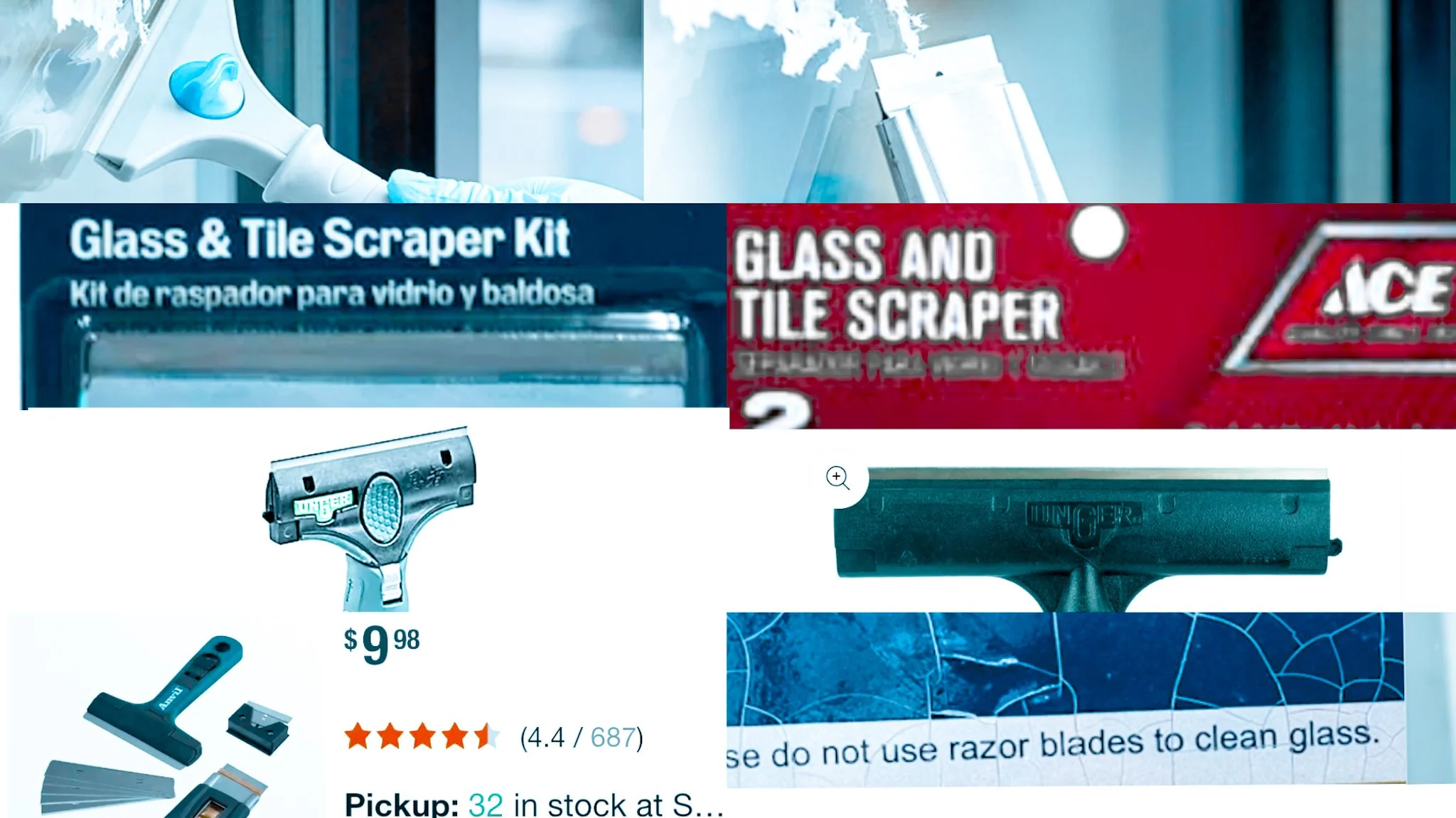 A collage of 8 images showing various metal razor scrapers and abrasive tools, all packaged and marketed by retailers 'For Glass' or 'Window Cleaning' in local stores and janitorial catalogs.