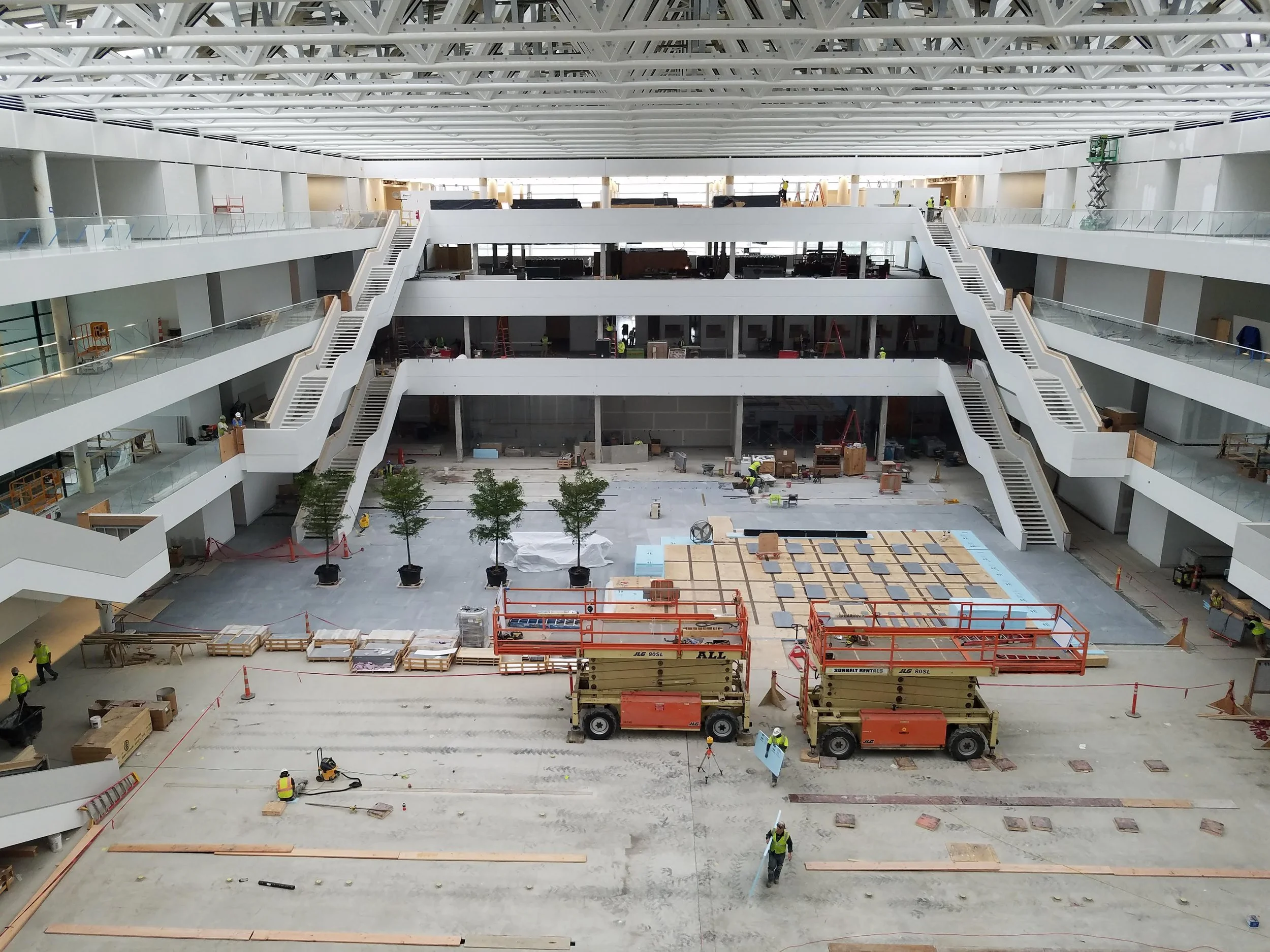 Interior atrium of the Sheila and Eric Samson Pavilion at Cleveland Clinic — an 80,000 square foot glass atrium designed by Foster + Partners where Glass Restoration Inc. completed professional glass restoration work