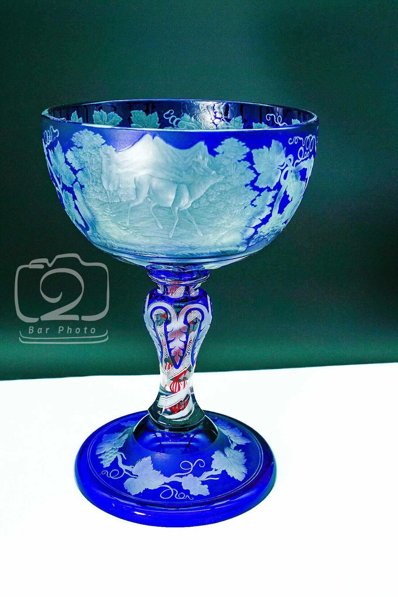 19th-century Bohemian engraved glass goblet attributed to Franz Paul Zach, owned by the founder of Glass Restoration Inc.