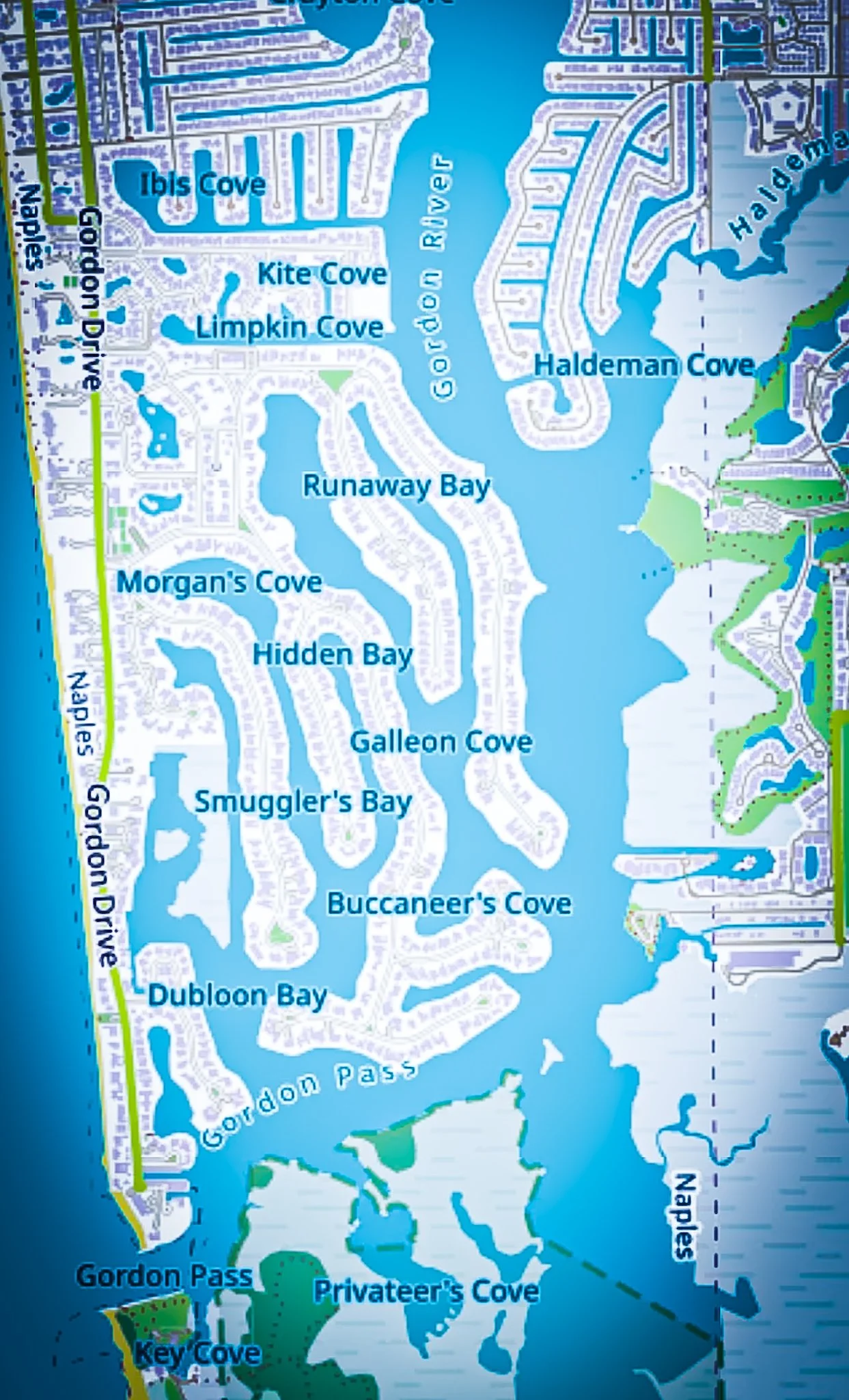 Maps view of Port Royal Naples FL showing Aqualane Shores in the upper left, Port Royal neighborhood through the center, and Windstar on Naples Bay across the water — luxury waterfront estate communities served by Glass Restoration Inc.