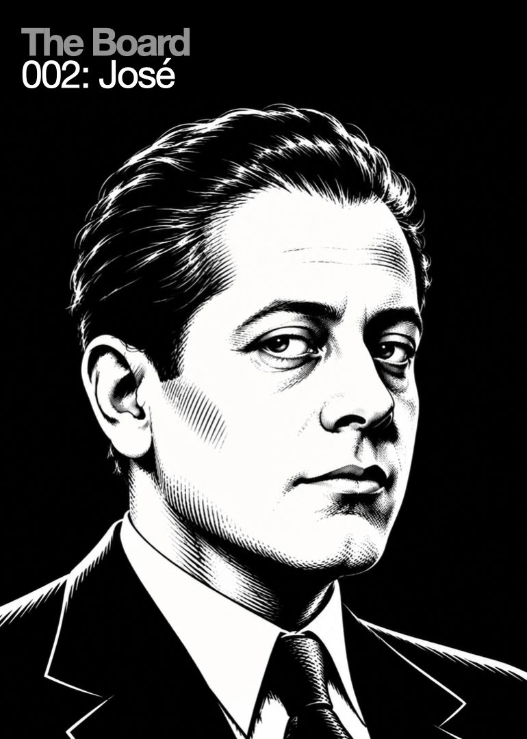 Black and white illustration of a man with slicked-back hair, wearing a suit and tie, on a black background. Text reads 'The Board 002: José' in the upper left corner.