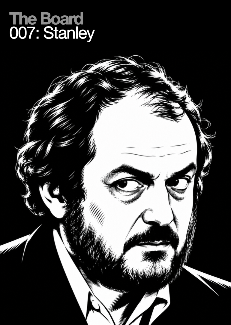 Black and white illustration of Stanley Kubrick with unkempt hair and a beard, looking to his left.