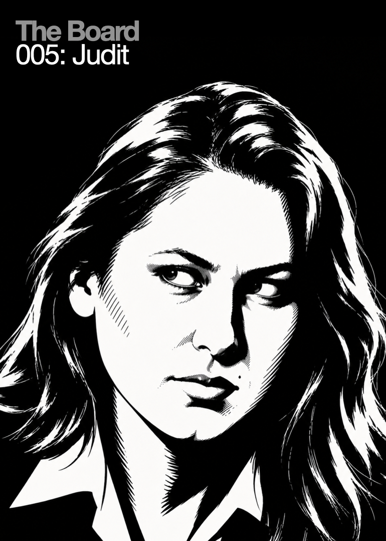 Black and white illustration of a woman with long, wavy hair looking to the side, with text 'The Board 005: Judit' in the top left corner.