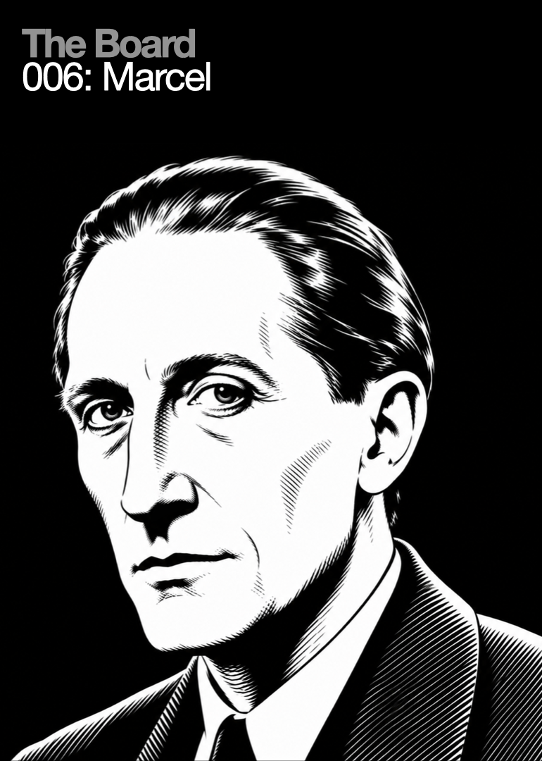 Black and white illustrated portrait of Marcel Duchamp with slicked-back hair, wearing a suit and tie, with text in the top left corner reading "The Board 006: Marcel."