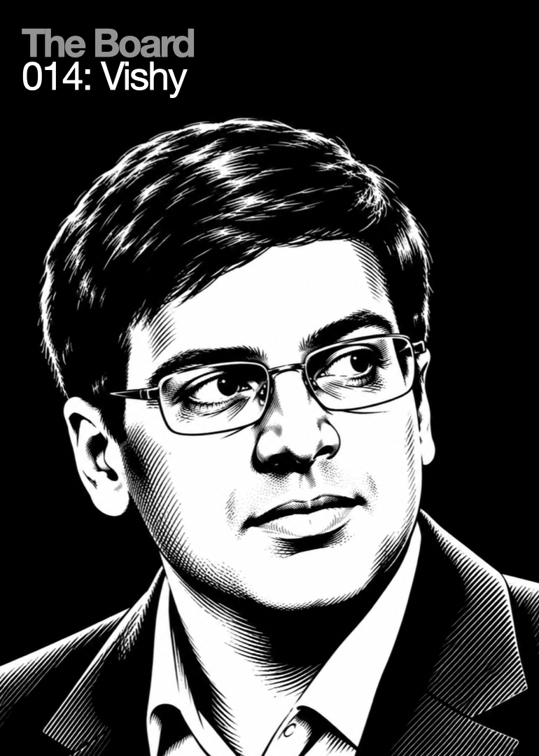 Black and white illustration of Vishal, a young man with glasses, short dark hair, wearing a collared shirt and blazer, facing slightly to the right.