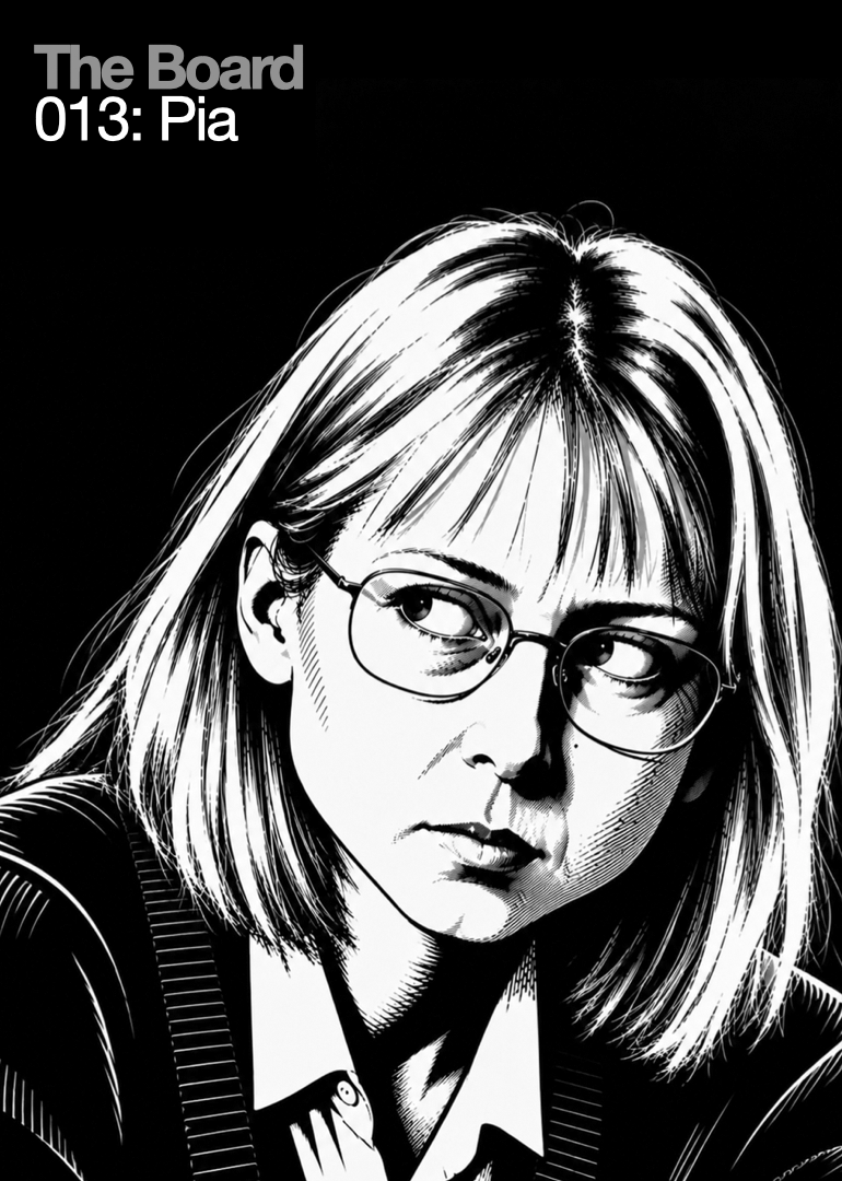 Black and white digital illustration of a woman with glasses, medium-length hair, and a serious expression, wearing a blazer and a collared shirt.