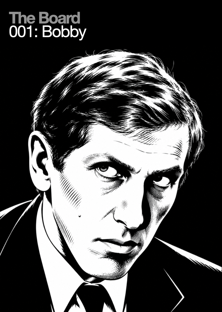 Black and white illustration of Bobby Fischer with slicked-back hair, serious expression, wearing a suit and tie. Text in the upper left corner reads "The Board 001: Bobby."