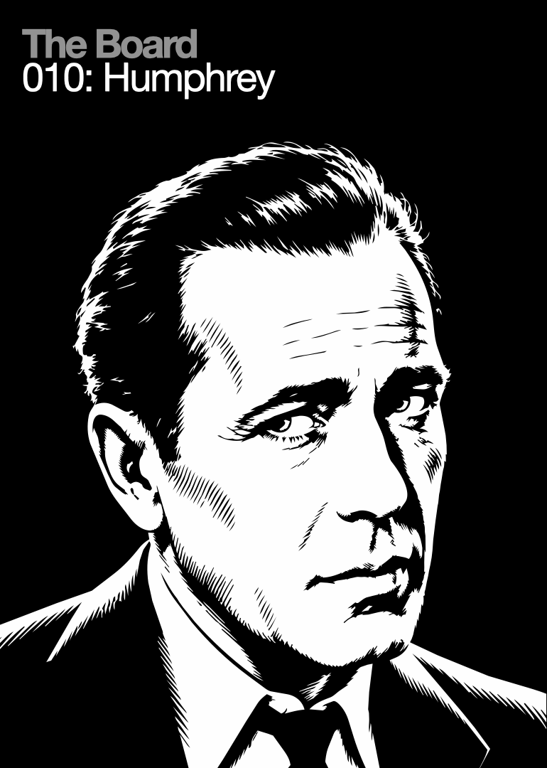 Black and white illustration of Humphrey from The Twilight Zone series, with a serious expression, dressed in a suit and tie.