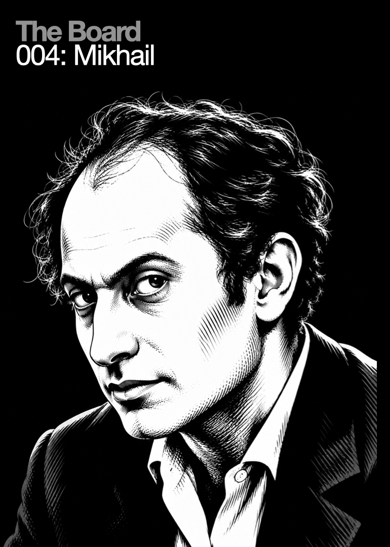 Black and white illustrated portrait of Mikhail tal, with the text "The Board 004: Mikhail" in the top left corner.