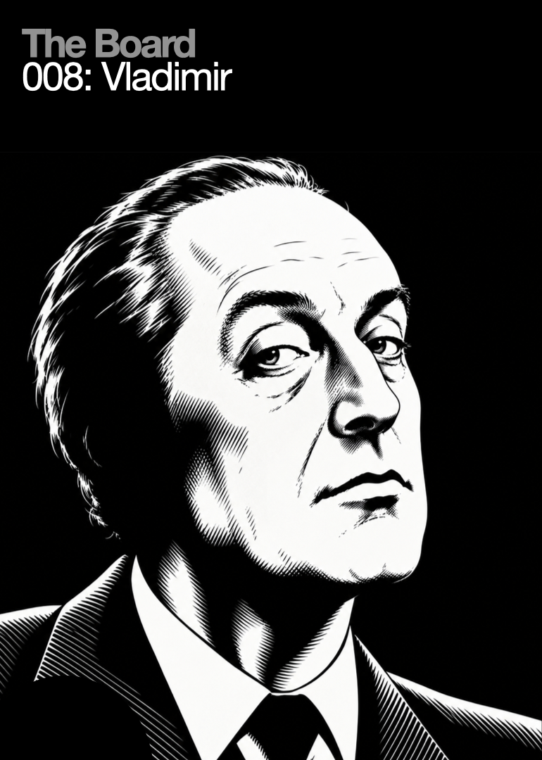 Black and white illustration of a man with slicked-back hair, partly wearing a suit and tie, with a serious expression, set against a solid black background. Text in the top left corner reads "The Board 008: Vladimir."