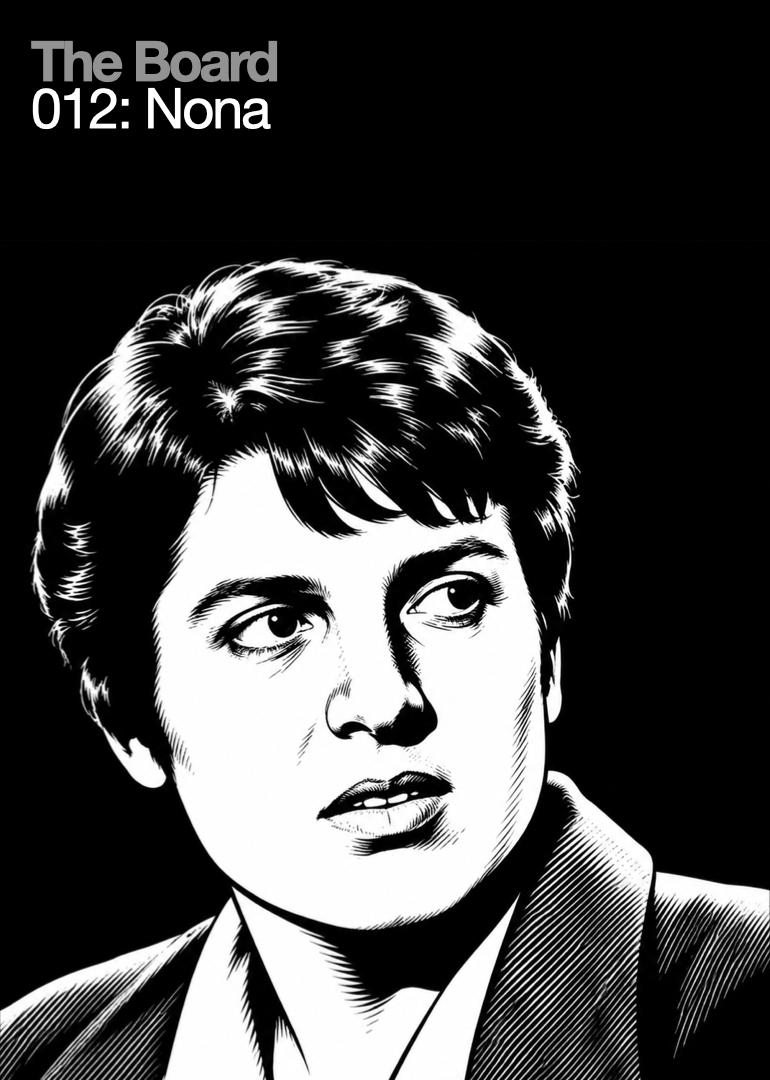 Black and white illustration of a woman with short hair, looking to the side.