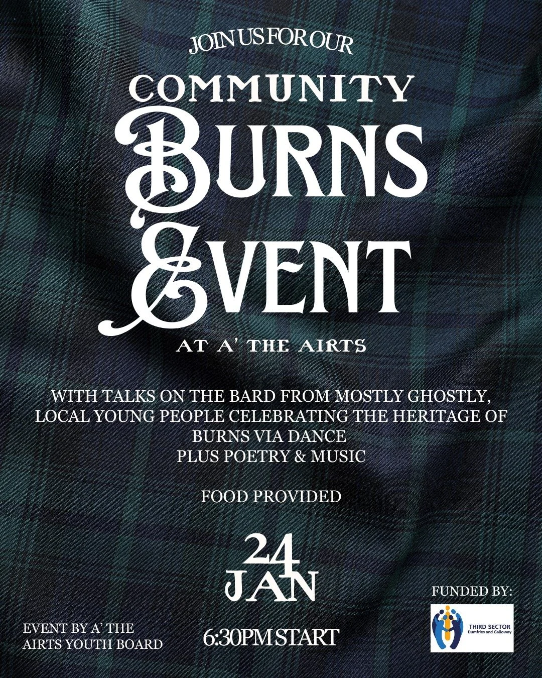 This Saturday we are hosting a Community Burns Event, ran by our Youth Board.  A night of fun and celebration of the bard, free of charge plus food provided. 

Contact us to put your name down, we hope to see you there!