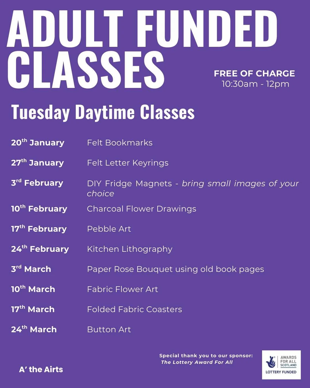 Our weekly adult craft classes start back next week, contact us to book your spaces!