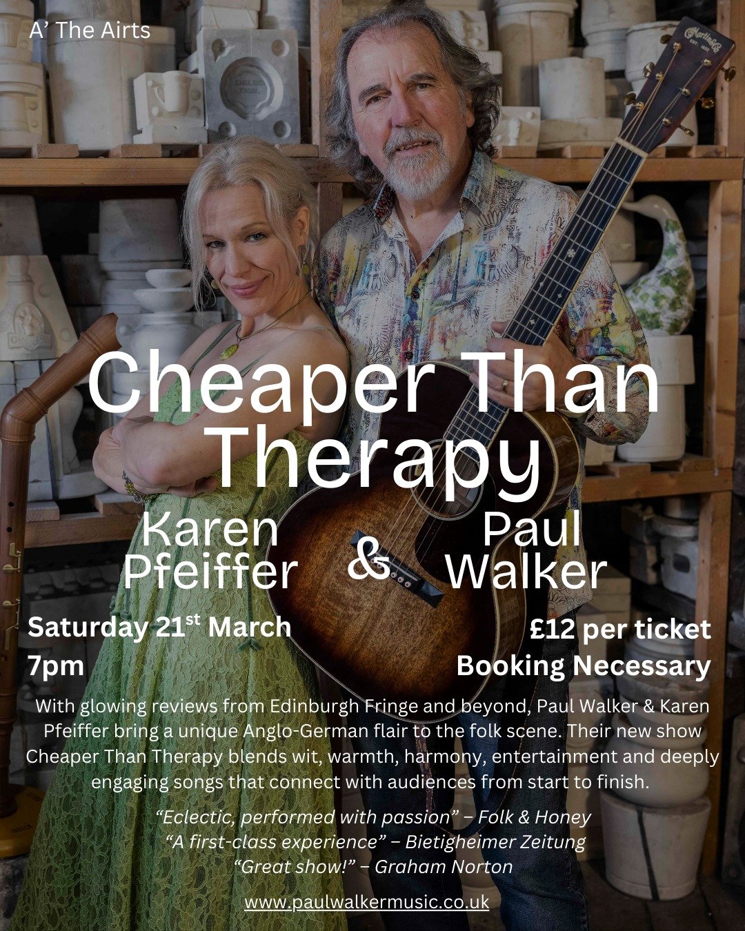 Contact us for more information and to book your tickets now! 

About Paul Walker &amp; Karen Pfeiffer

With glowing reviews from Edinburgh Fringe and beyond, Paul Walker &amp; Karen Pfeiffer bring a unique Anglo-German flair to the folk scene. Their