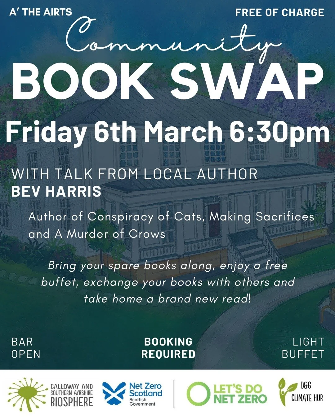 On the 6th March we are hosting another book swap! 

A free event with a buffet and the ability to take home a brand new read! 
This time with talk from local author Bev Harris. 

Contact us to book.
