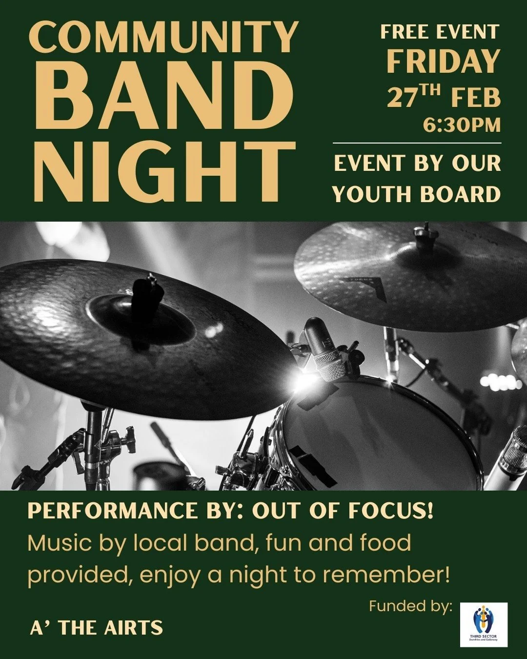 Community Band Night! 

Free of Charge. 

With performance from local band: Out Of Focus.

Event by our Youth Board.  Funded by Third Sector Dumfries and Galloway.