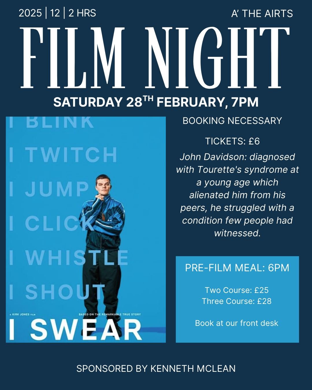 This Months Film is on a Saturday! 

Contact our front desk to book your film ticket, meal or both! 

Sponsored by Kenneth McLean