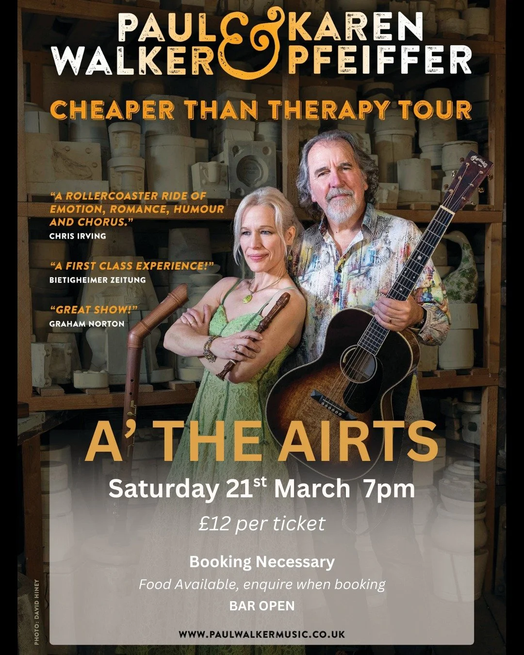 Contact us for more information and to book your tickets now! 

About Paul Walker &amp; Karen Pfeiffer
With glowing reviews from Edinburgh Fringe and beyond, Paul Walker &amp; Karen Pfeiffer bring a unique Anglo-German flair to the folk scene. Their 
