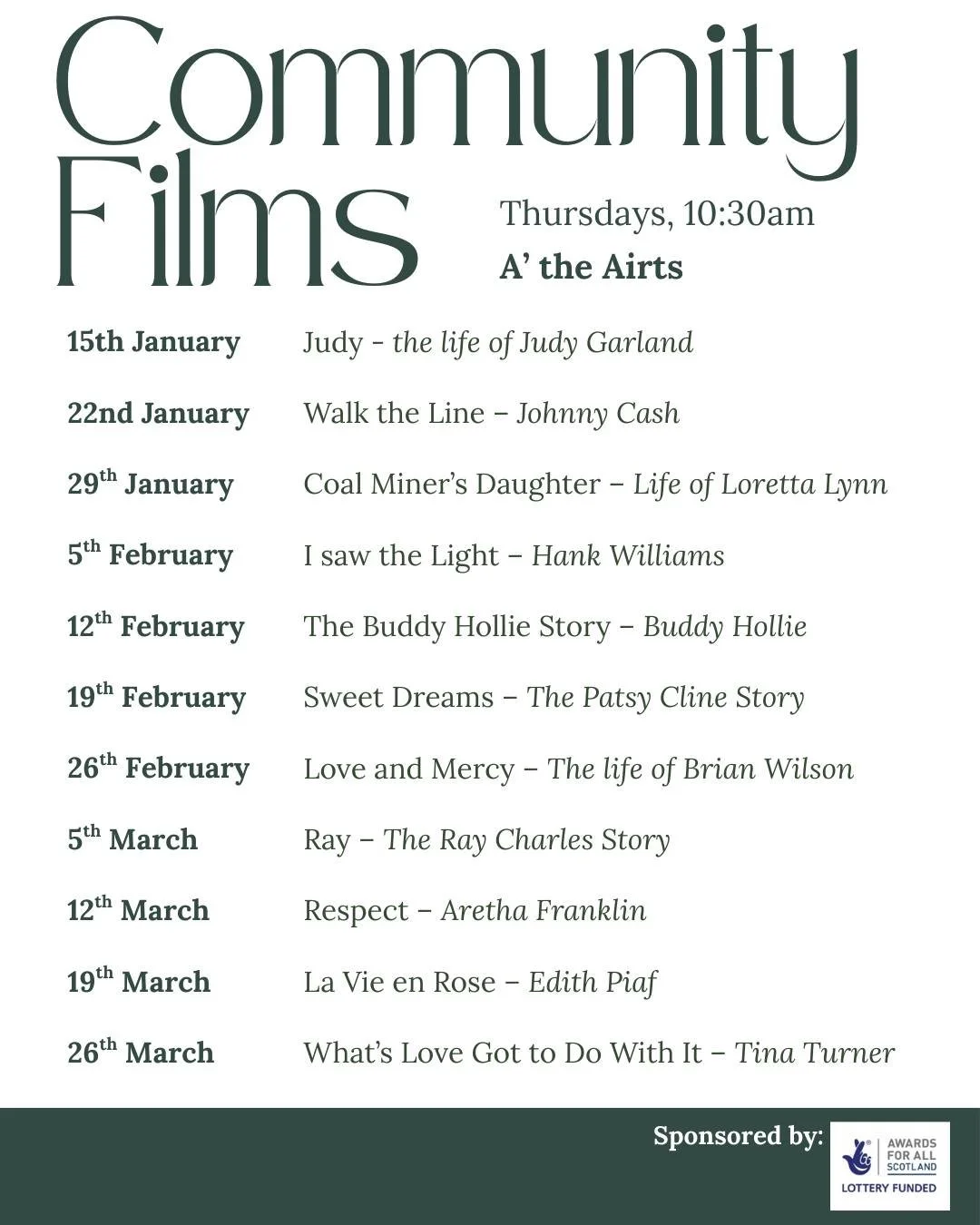 Our community films are continuing into June, with the next batch focused on Romantic Comedies. 

All free of charge, contact us to book a space!