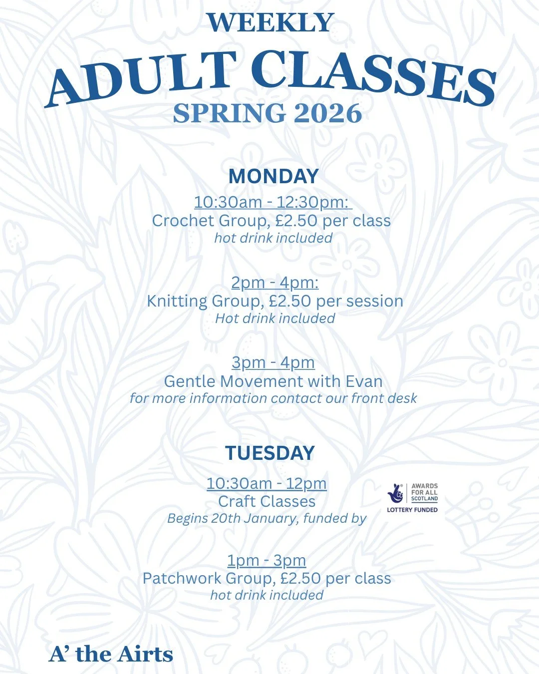 A list of all our weekly Adult Classes ran at the Centre, contact us for any further information, to book your place or register your interest for classes.