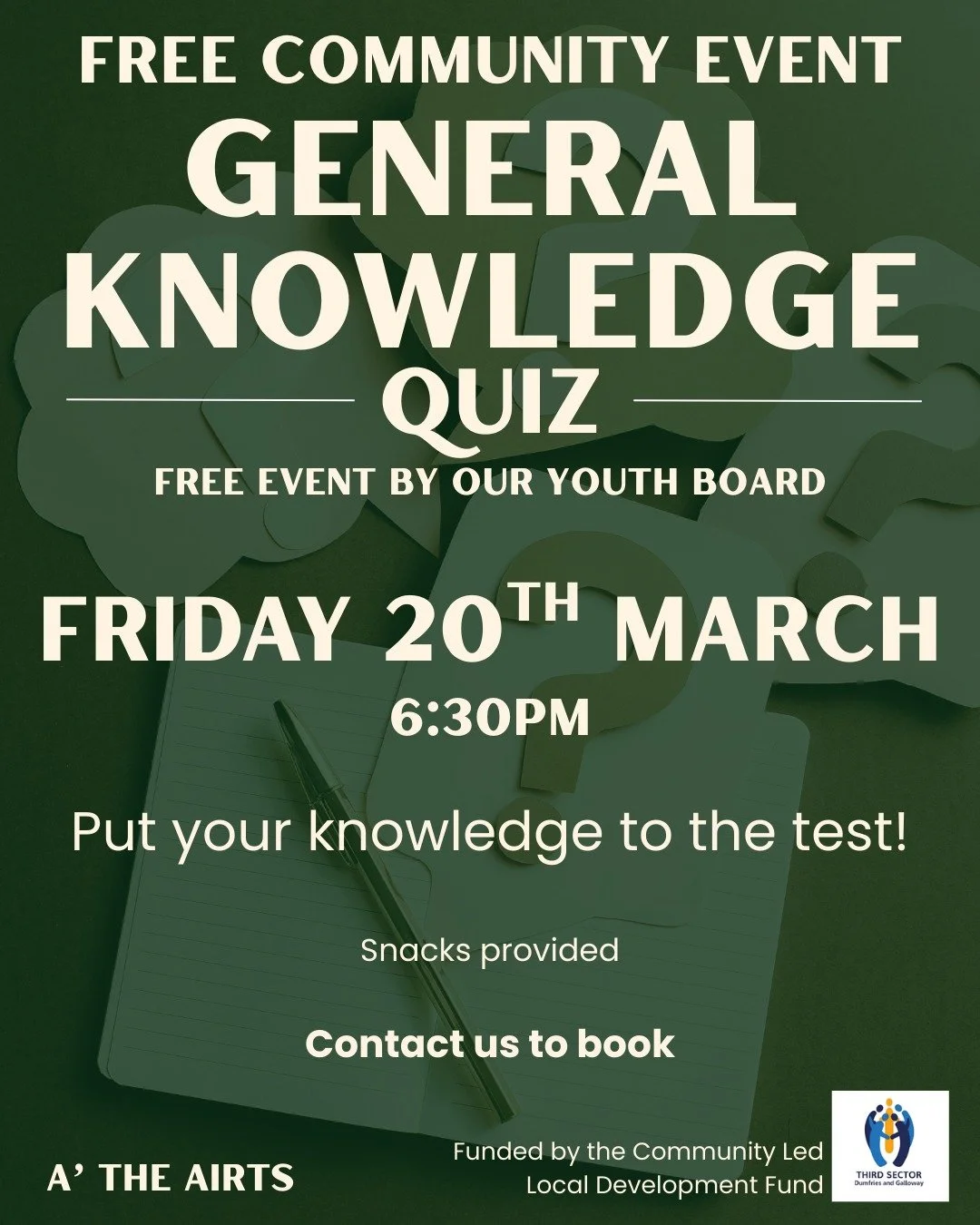 Free Community Event! 

Ran by our Youth Board, come along and put your knowledge to the test with a General Knowledge Quiz! 

Contact us to book.

Funded by the Community Led Local Development Fund