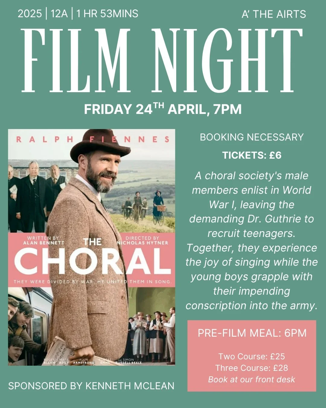 This Month we have The Choral starring Ralph Fiennes!

Our pre-show meal is also available. 

Contact us to book your film ticket, meal or both.