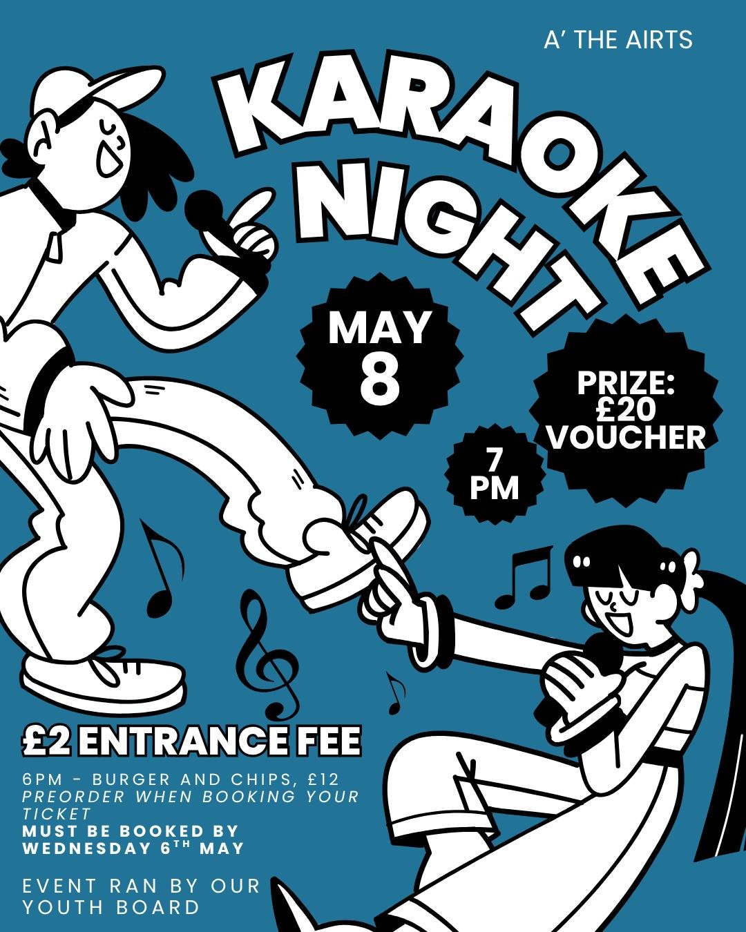 Coming up in May we have a Karaoke night! 

Ran by our Youth Board and a Prize available for the best singer, it is bound to be a night to remember.

&pound;2 per person, entrance fee.

Must be booked by Wednesday 6th May.

Burger and chips available