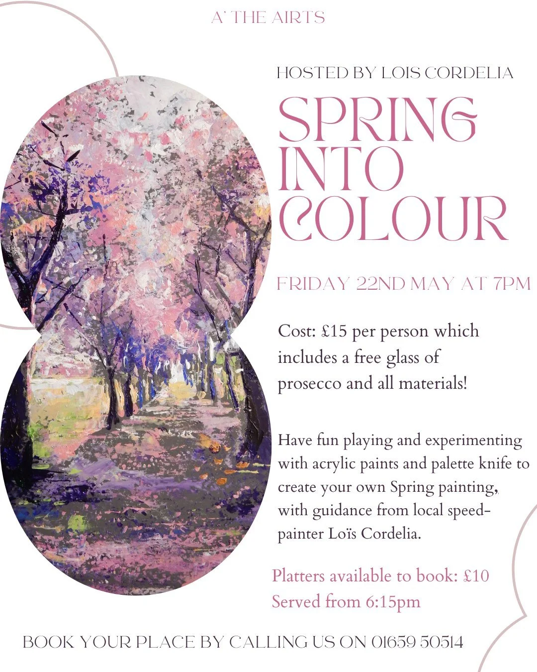 Learn from a professional! 

Lois Cordelia is back teaching a painting workshop in May. 
Make your own Spring painting, in a relaxed atmosphere with a glass of bubbly.

&pound;15 per person, which includes all materials.

Platters available to book: 