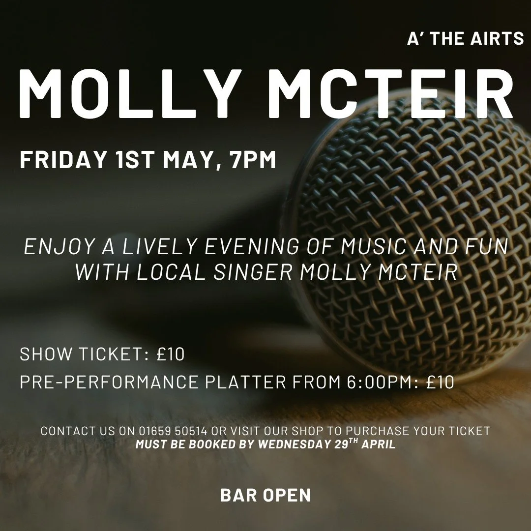 Our first Friday event in May with Molly McTeir! 
Book by Wednesday 29th April.
Contact our front desk to book your ticket, platter or both.
