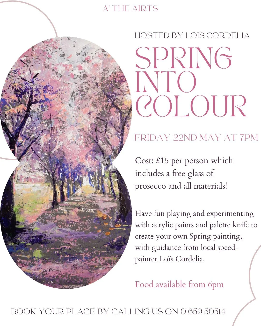 Learn from a professional! 

Lois Cordelia is back teaching a painting workshop in May. 
Make your own Spring painting, in a relaxed atmosphere with a glass of bubbly.

&pound;15 per person, which includes all materials.
Platters available to book: &