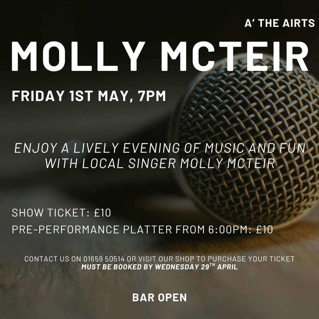 Our first Friday event in May with Molly McTeir! 
Book by Wednesday 29th April.
Contact our front desk to book your ticket, platter or both.