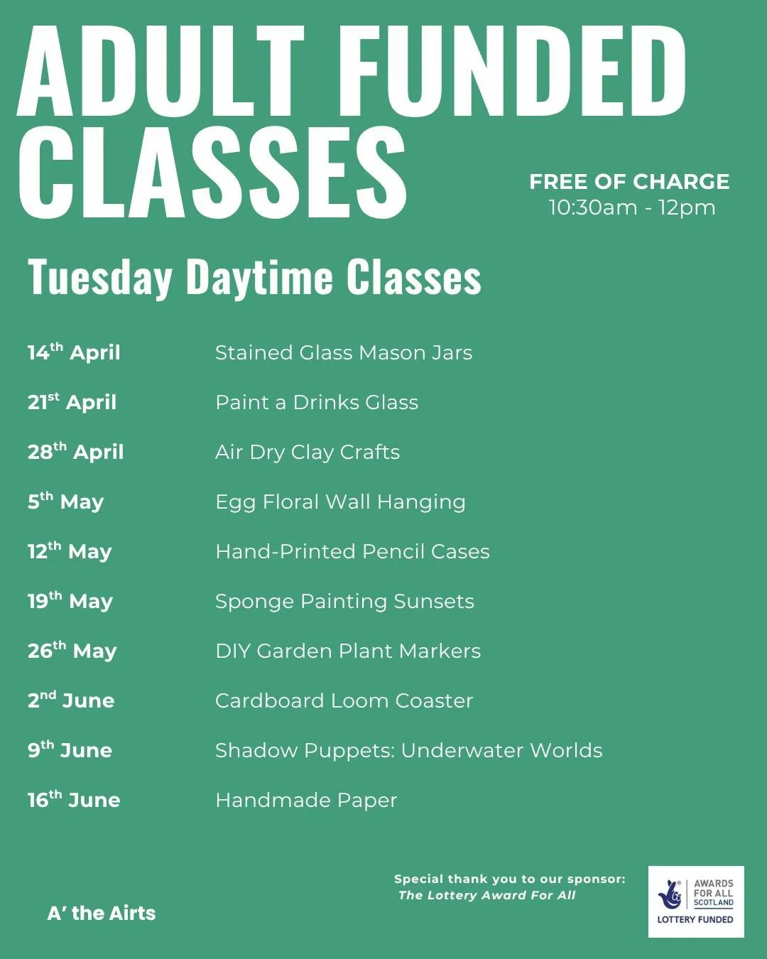 Our weekly adult funded classes are running through to the end of the June covering a variety of different crafts, come and try your hand at them! 

Put your name down by visiting our front desk or calling us on 01659 50514.