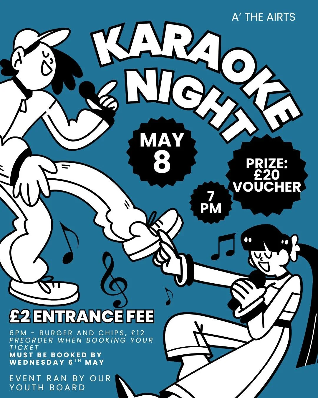 This Friday we have a Karaoke night!
Ran by our Youth Board and a Prize available for the best singer, it is bound to be a night to remember.

&pound;2 per person, entrance fee.
Must be booked by Wednesday 6th May.

Burger and chips available to be p