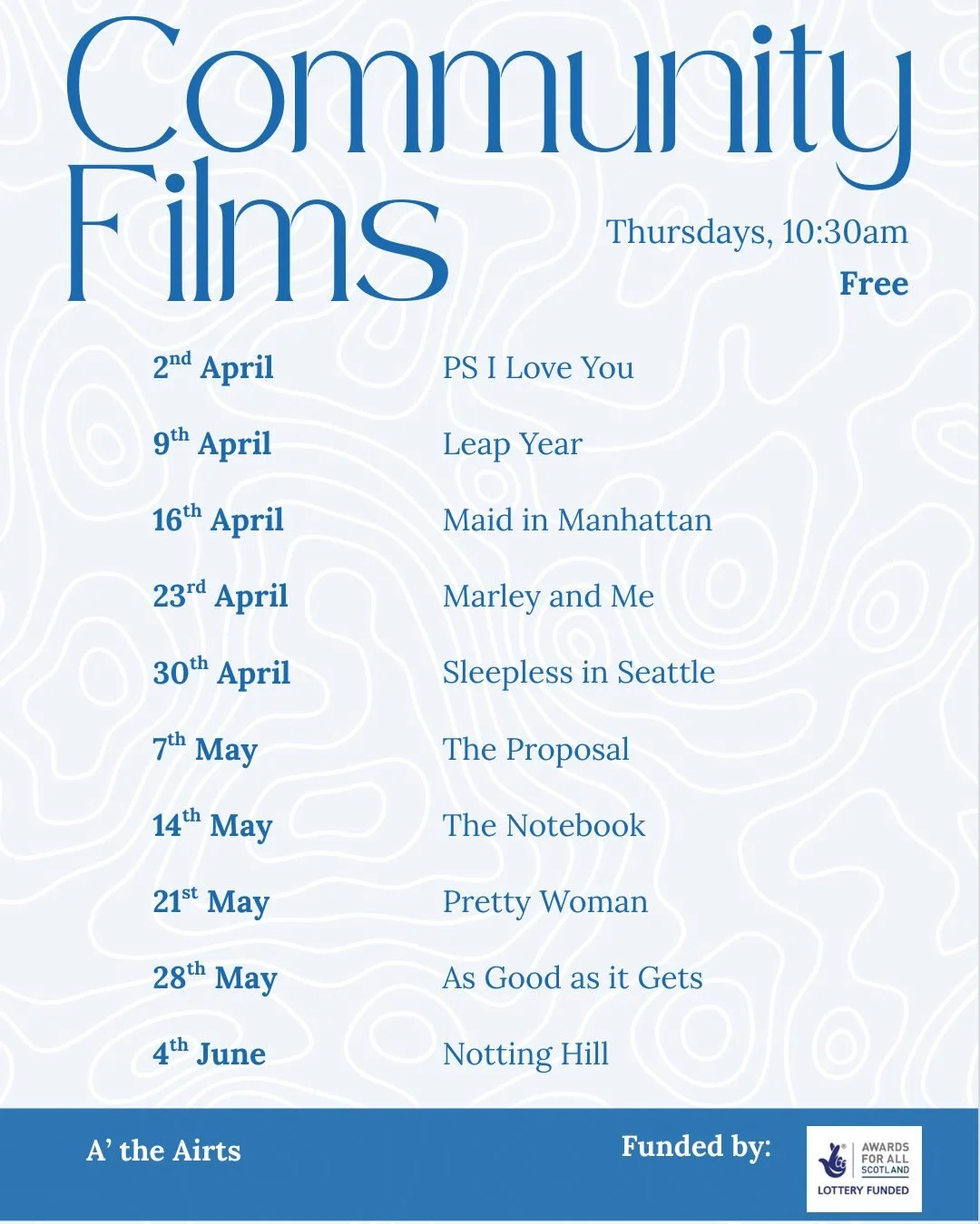 On Thursdays we have our weekly Community Films, all free of charge, just contact our front desk to put your name down!