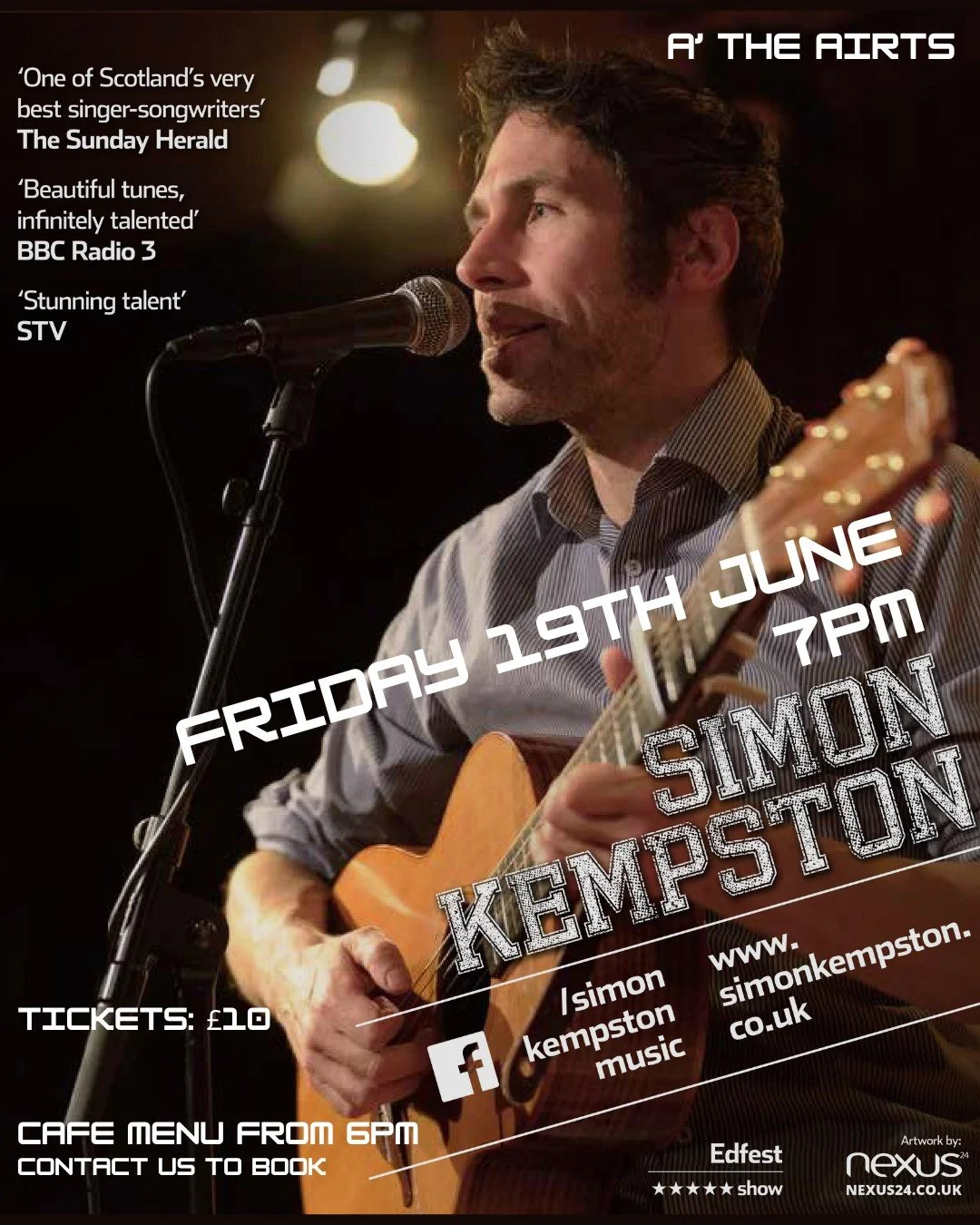 Coming up next month we have Simon Kempston! 

Known as 'one of Scotland's very best songwriters' (The Herald on Sunday), come along and have a great night of music and fun. 

Tickets: &pound;10 available at A' The Airts. 

&lsquo;A stunning talent&r