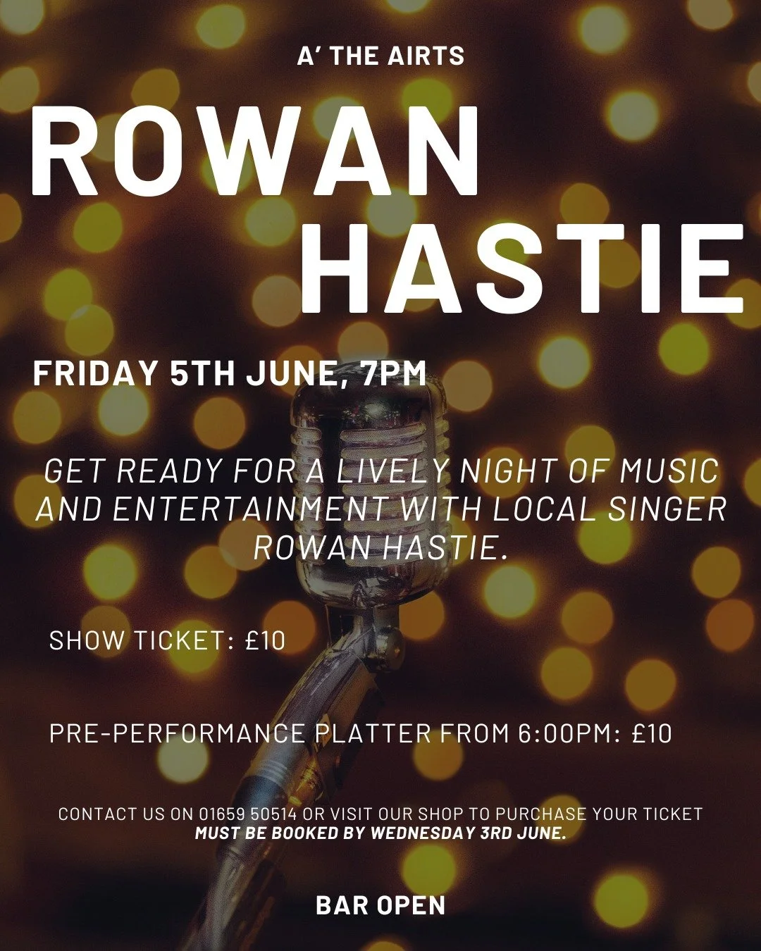 Coming up in June we have the brilliant local singer Rowan Hastie! 

Contact us to book your ticket, platter or both.
