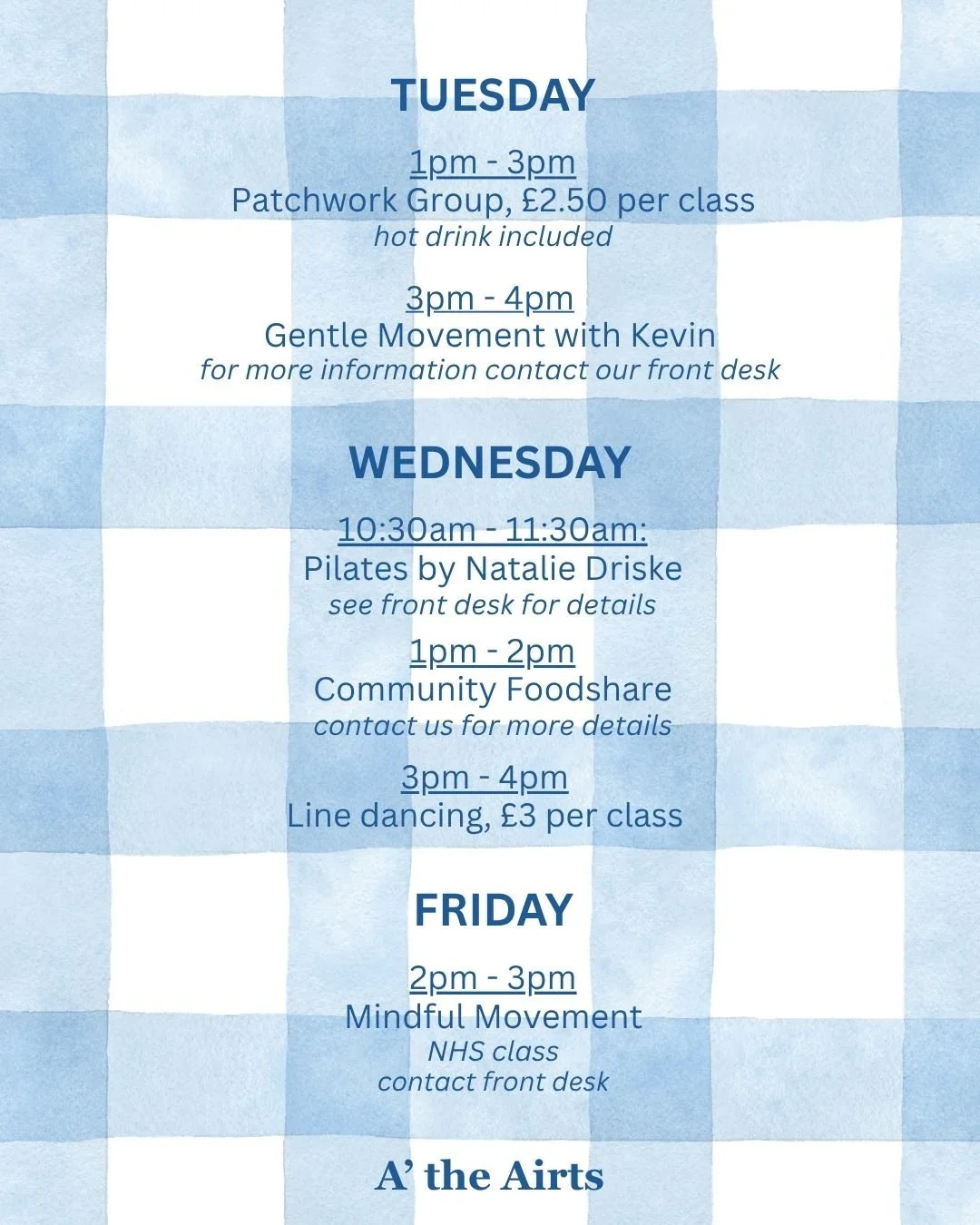 range of weekly adult classes running at the centre