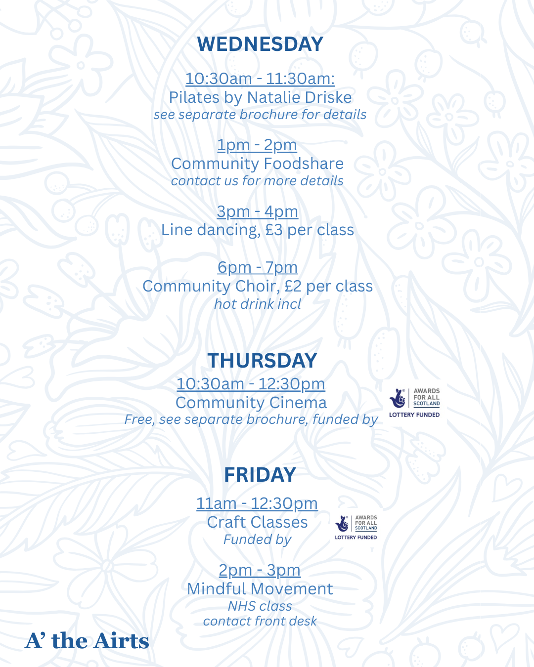 range of weekly adult classes running at the centre