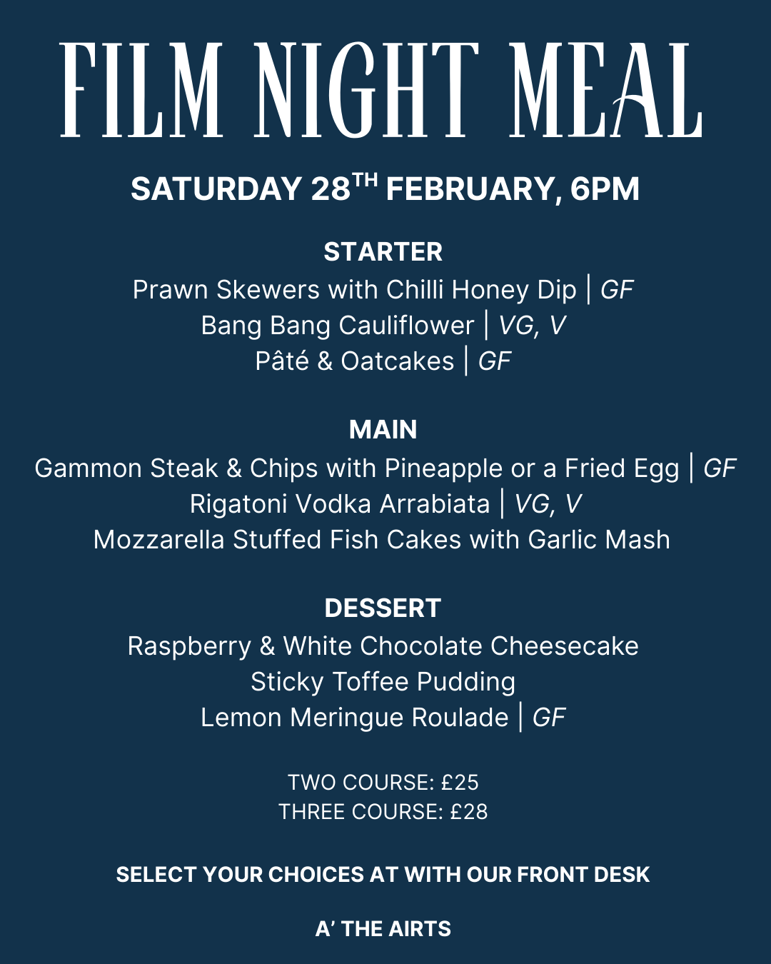 Our Monthly films pre-showing menu
