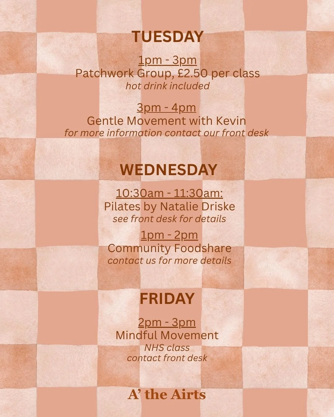 range of weekly adult classes running at the centre