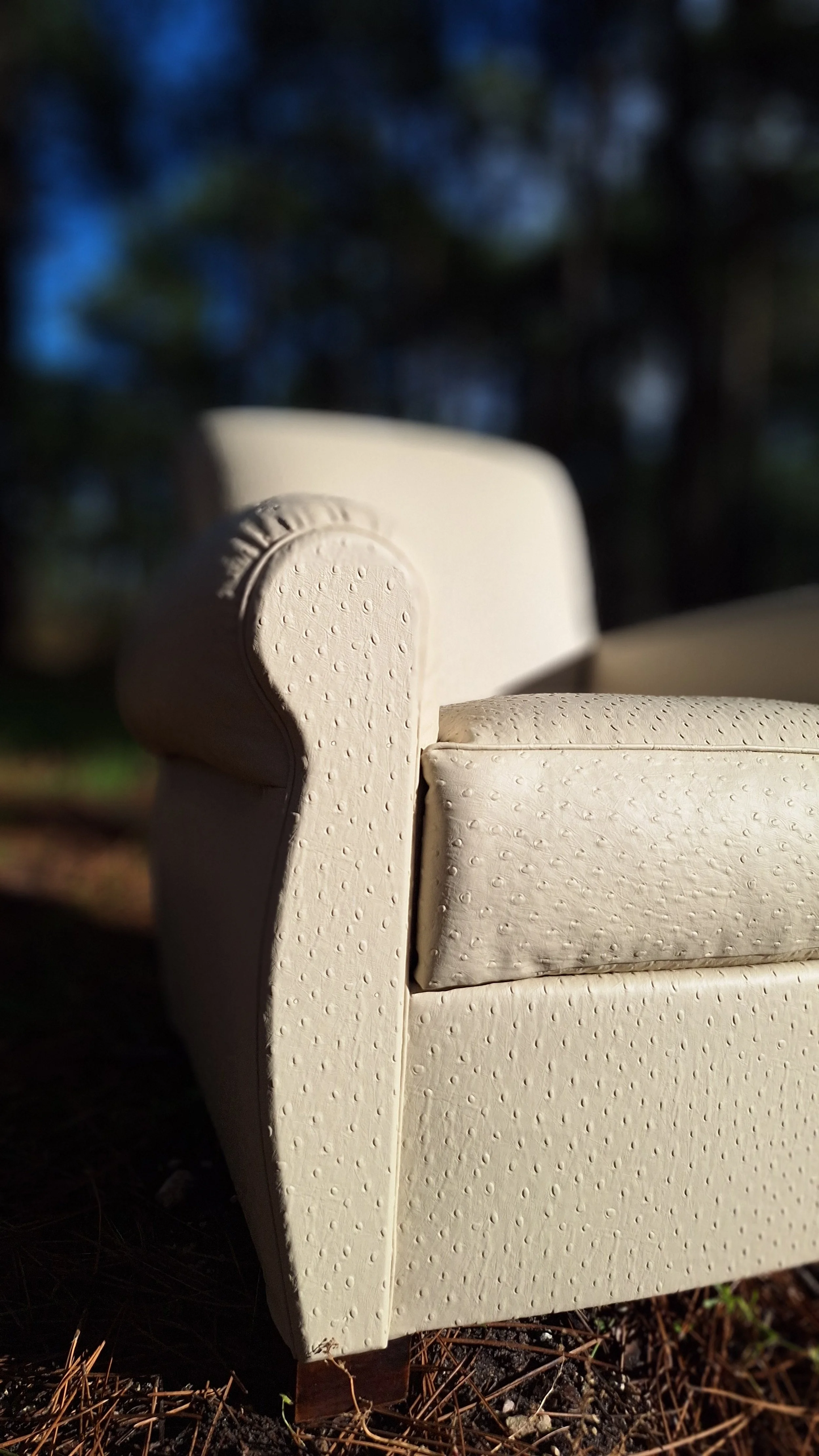 Fauteuil club art nouveau détail accoudoir en photo dans la foret des landes. Réalisé en cuir végétal, impression autruche couleur mascarpone, issus du recyclage de déchets de l'industrie forestière (sciure de bois), visible à Sanguinet, Nord des Lan