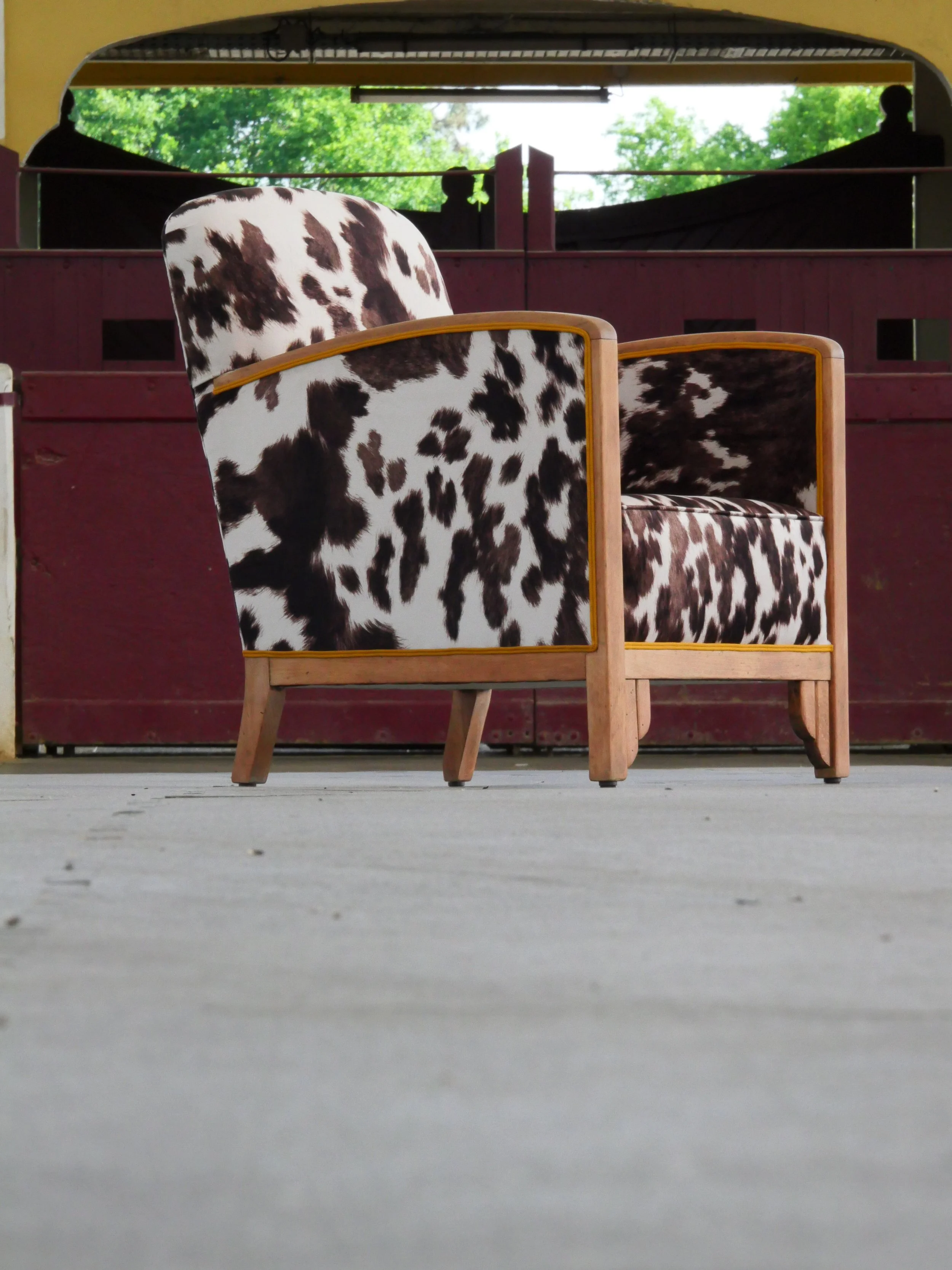 Fauteuil studio, époque Art Déco, entièrement restauré, couverture en velours effet peau de vache, mis en valeur dans les arènes de Parentis en Born