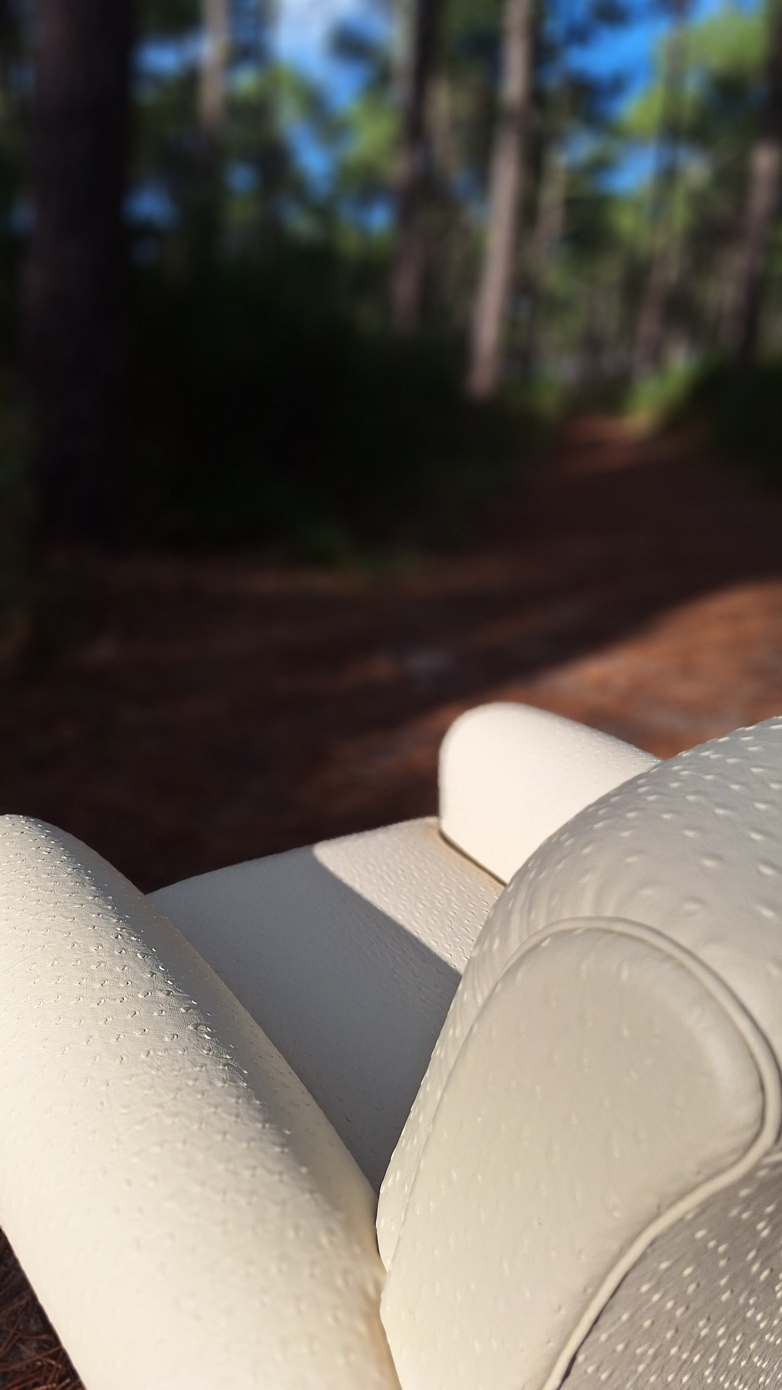 Fauteuil club art nouveau détail du dossier en photo dans la foret des landes. Réalisé en cuir végétal, impression autruche couleur mascarpone, issus du recyclage de déchets de l'industrie forestière (sciure de bois), visible à Sanguinet, Nord des La