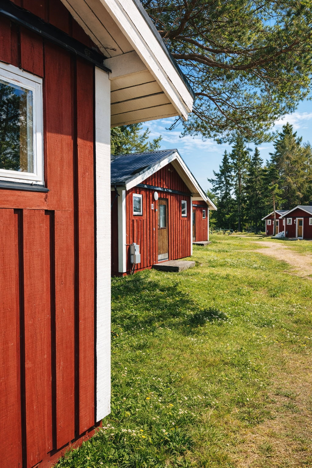 Red wooden cabins with white trim in a grassy area with trees and a blue sky.