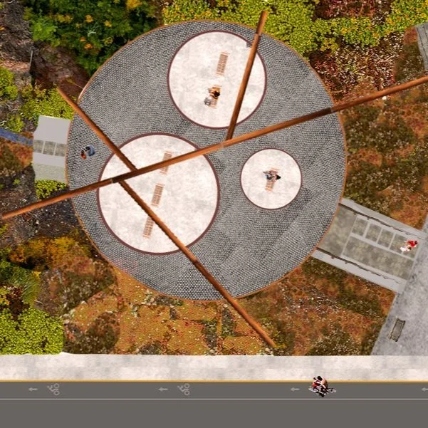Top-down view of a rooftop basketball court with three hoops, surrounded by trees and a building, with a walkway and vehicle on the street below.
