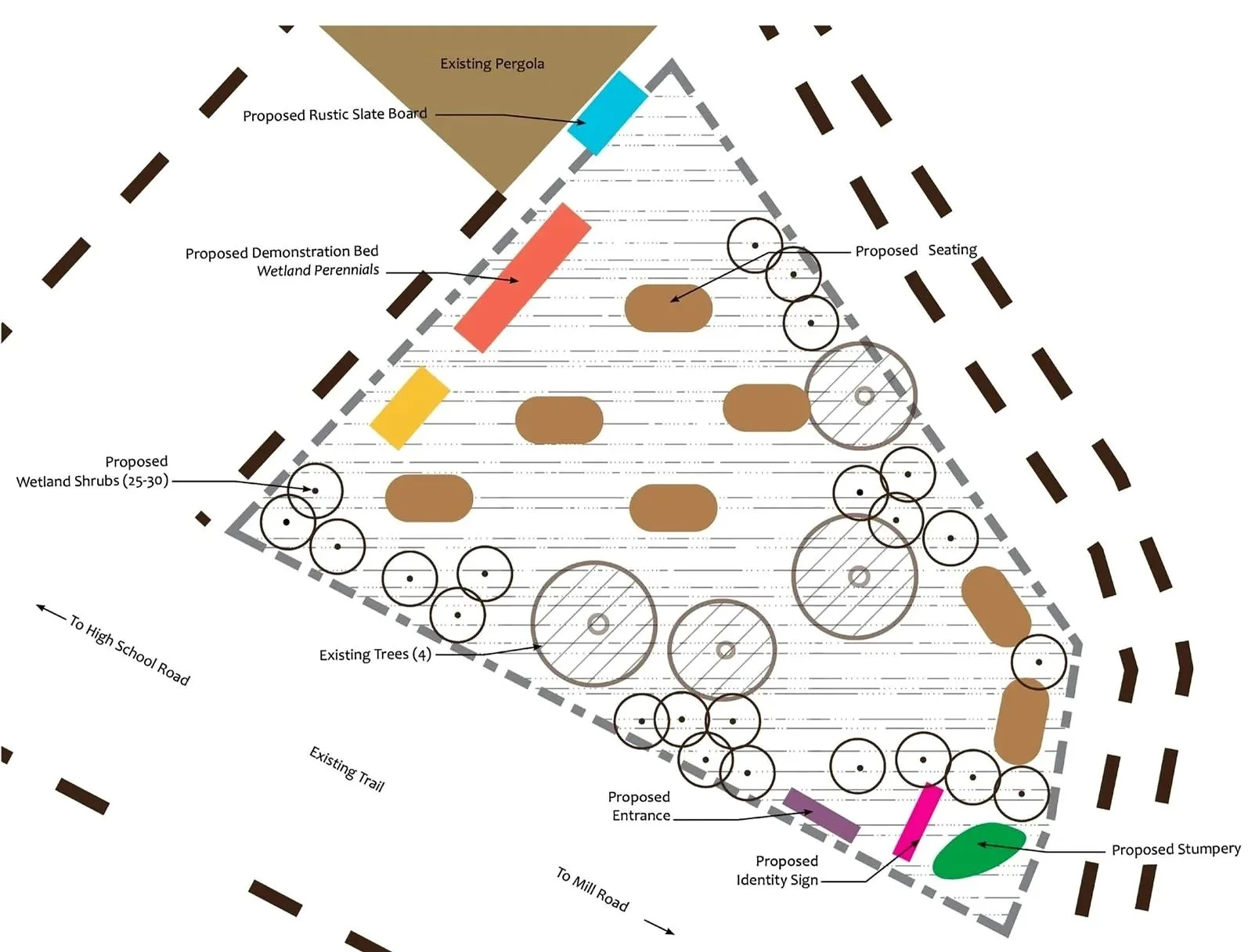 A technical planting plan map showing various plant species, including Little Bluestem, Karl Forester, Creeping Juniper, and Candytuft, with their respective images and labels. The plan indicates a mixed-border area near an existing driveway.
