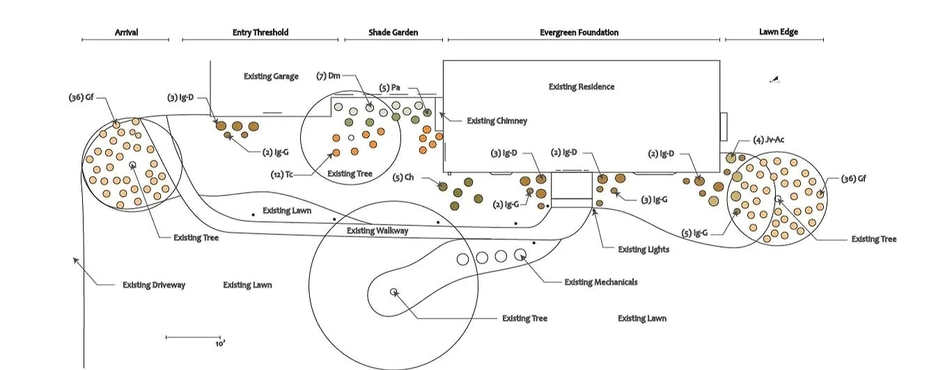 Landscape plan of a backyard garden with existing and proposed features, including an existing shed, patio focal point, existing lawn, proposed bed layout, proposed plantings, existing patio, existing trees, and existing mechanicals, with a scale at the bottom.