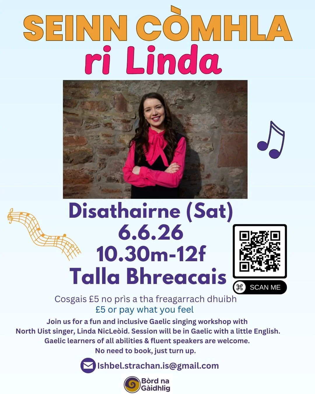 Tha sinn air bhioran gum bi Linda NicLe&ograve;id c&ograve;mhla rinn airson Seinn C&ograve;mhla air Disathairne, 6.6.26.

B&rsquo; ann an Uibhist a Tuath a thogadh Linda, is &agrave;s d&egrave;idh cha mh&ograve;r fichead bliadhna ann an Glaschu ghlua