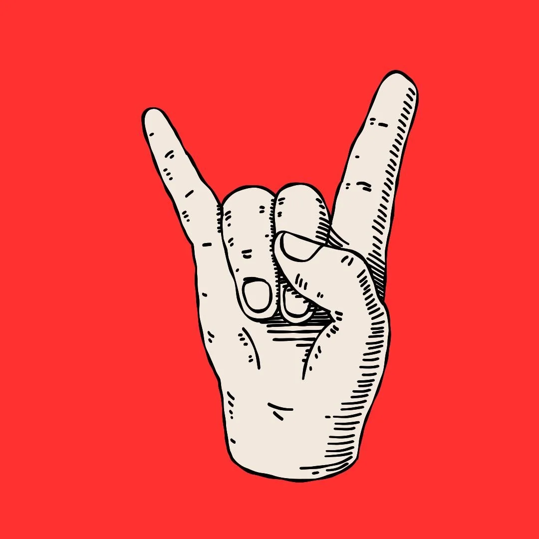 Line drawing of a hand making the rock and roll sign against a red background.
